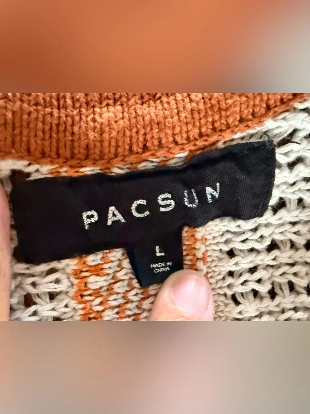 PacSun Cream V-Neck Sweater with Orange and Light Blue Diamond Stripes